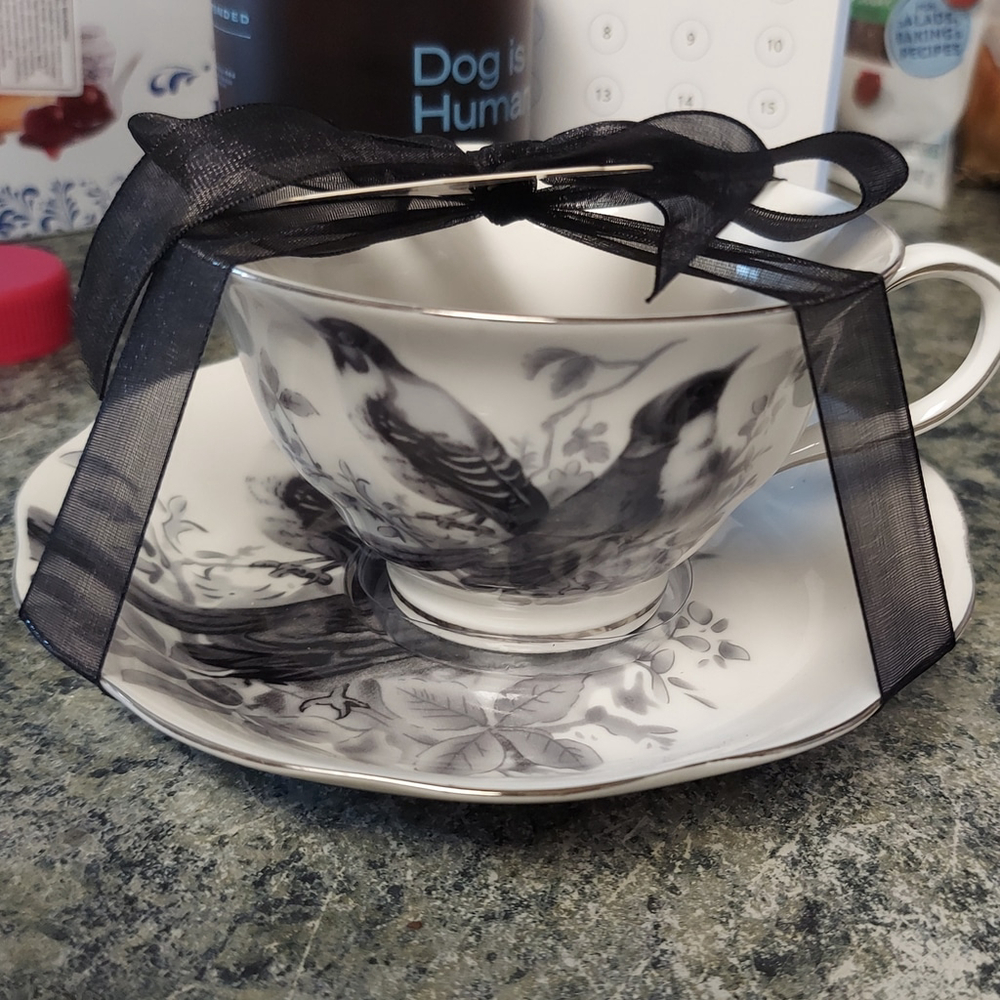 Grace's Teaware Cup and Saucer Set White Black Bird Design